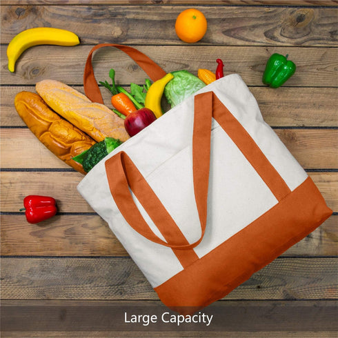TOPDesign 1-Pack Canvas Tote Bag with an External Pocket, Reusable Grocery Shopping Bag, Top Zipper Closure, Daily Essentials (Orange/Natural)...