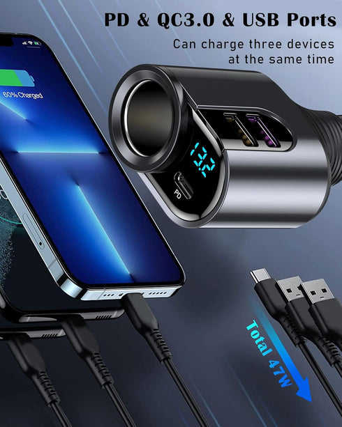 LIHAN Cigarette Lighter USB C Charger, Car Socket Plug Adapter,12V/24V Outlet Splitter with 3 USB Ports, LED Voltage, Compatible for iPhone 15/15 ...