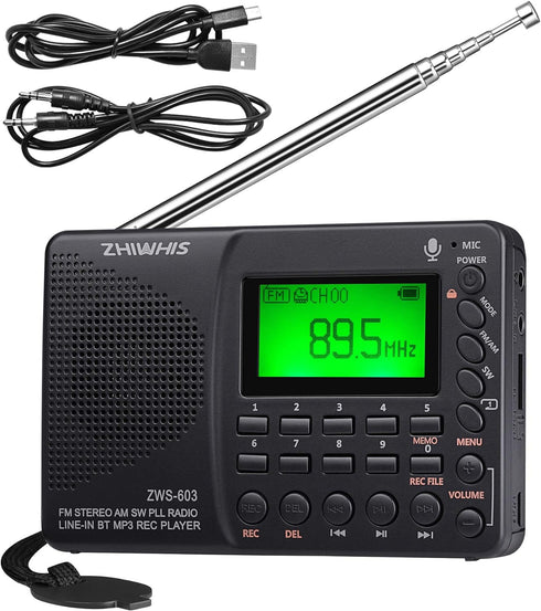 ZHIWHIS Portable Bluetooth Radio, FM AM Shortwave Radios with Sleep Timer and Preset Function, Rechargeable Digital Recorder, Stereo MP3 Player wi...