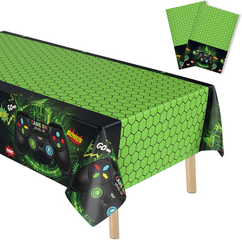 FunHot Video Game Table Covers, Video Game Birthday Decorations, 2 Pcs 54 x 108 Inch Green Waterproof Rectangle Game Tablecloths for Gamers Boys B...