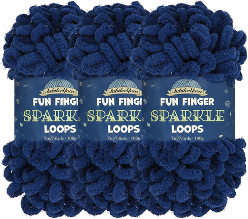 JubileeYarn Fun Finger Sparkle Loops Yarn - Polyester Jumbo Loop Yarn - 100g/Skein - Navy - 3 Skeins......