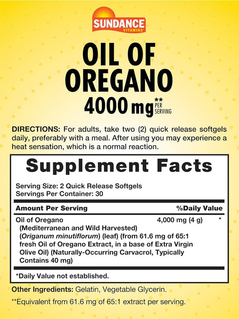 Sundance Oil of Oregano 4000mg Softgels | 60 Pills | Traditional Herbal Supplement | Non-GMO and Gluten Free Formula...
