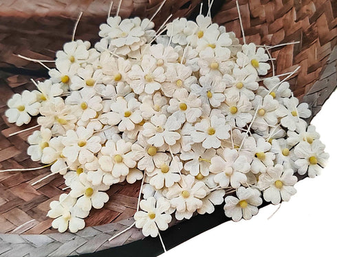 HukDok Mini Flowers with Thread Stem Mulberry Paper Flower Embellishment Card Craft Supplies Scrapbooking DIY Card Crafts Projects. (White)...