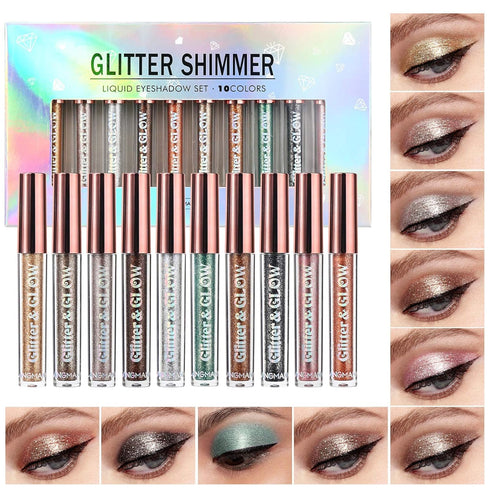 LANGMANNI 10 Pcs Liquid Glitter Eyeshadow Metallic Shimmer Glitter Eyeshadow Sweatproof Makeup Set,Glitter Pressed All Highly Pigmented Blending P...