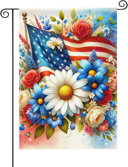 Patriotic Floral Garden Flag Double Sided, Red White and Blue Burlap Yard Flag, Small 4th of July Outdoor Decor 12.5x18"...