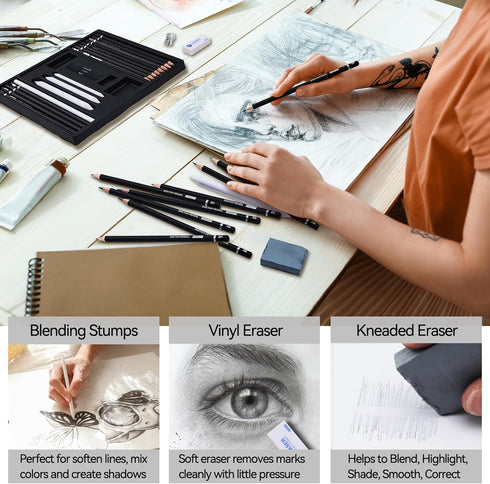 PANDAFLY Drawing Sketching Pencil Set, 22 Piece Pro Art Pencil Kit - Graphite Pencils (12B-2H), Black and White Charcoal Pencils, Charcoal Sticks,...