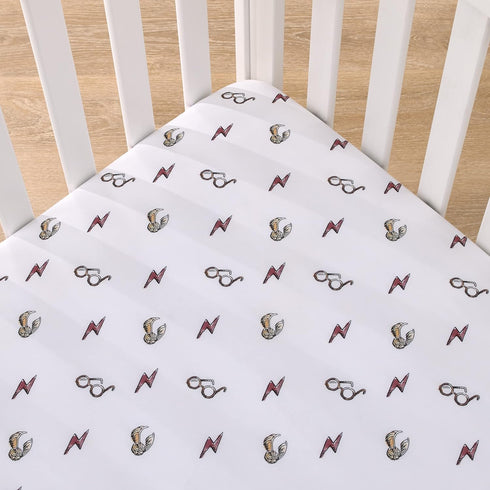 Warner Brothers Harry Potter White, Red, and Gold Lightning Bolt, Golden Snitch and Glasses Nursery Fitted Mini Crib Sheet...