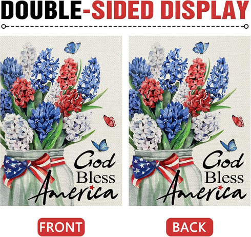 God Bless America 4th of July Patriotic 28 x 40 House Flag Double Sided, American Hyacinth Floral Flower Mason Jar Garden Yard Decoration, USA Bur...