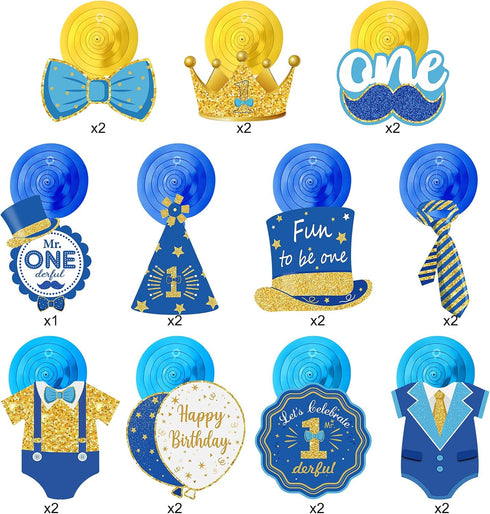 30 Pieces Mr Onederful Boys 1st Birthday Decorations, Blue and Gold Baby 1st Birthday Party Hanging Foil Swirls Ceiling Mustache Toppers Sign Deco...