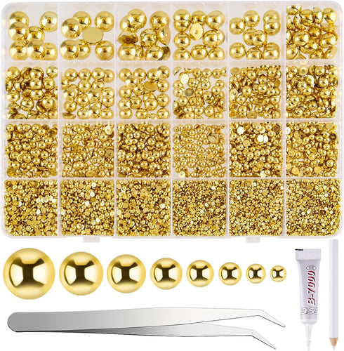 12000 Pcs Half Pearl Bead 8 Sizes Gold Flatback Pearl Beads Flat Back Pearl Half Round Pearls for Crafts Embellishment Shoes DIY Phone Case Making...