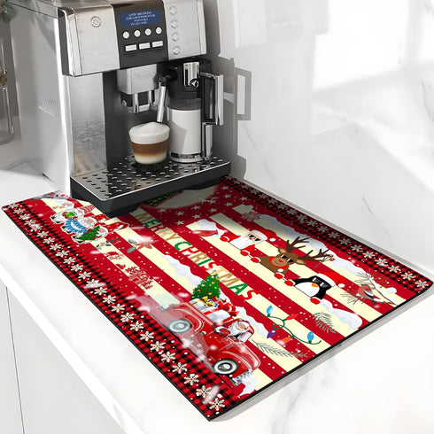Christmas Coffee Mat 12"x19", Absorbent Anti-Slip Coffee Bar Mat for Countertops Fit Under Coffee Maker Coffee Machine, Dish Drying Mat for Kitche...