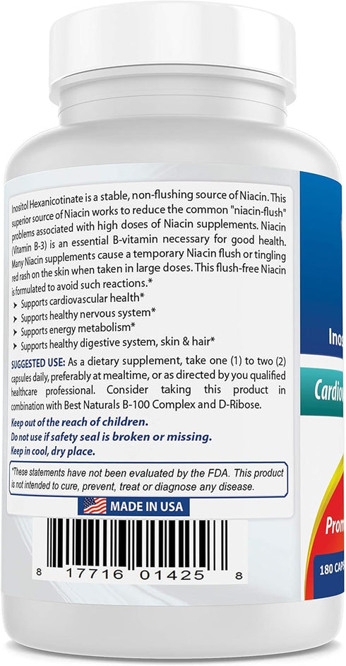 Best Naturals Flush-Free Niacin Inositol Hexanicotinate 500 mg 180 Capsules...