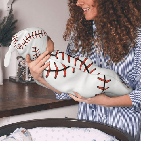 Sport Baseball Lace Pattern Baby Newborn Swaddle Blanket with Beanie Hat Set, 100% Cotton Receiving Blankets Sleep Sack for Boy & Girl Newborn Sho...