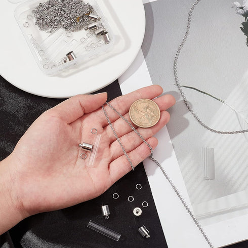 SUNNYCLUE 64Pcs DIY 12 Sets Vial Necklace Making Kit 6mm Dia. Hourglass Vial Pendants Handmade Clear Glass Memory Wish Bottle Charms for Jewelry M...