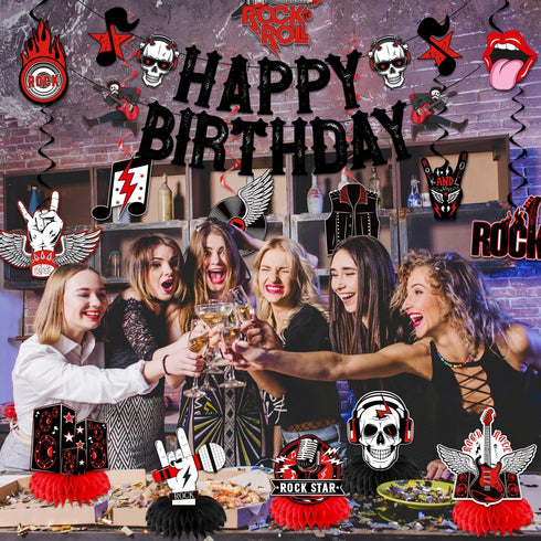 LARRAZABAL Rock and Roll Birthday Party Decorations Music Themed Party Decorations Include Happy Birthday Banner Hanging Swirls and Honeycomb Cent...