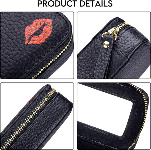 Leather Cometic Bag for Women Mini Travel Lipstick Makeup Bag Organizer with Mirror (Green)...