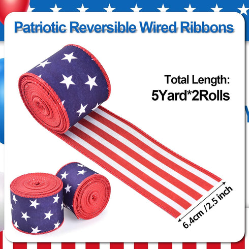 2 Rolls Patriotic Wired Edge Ribbon Stars and Stripes Reversible Ribbons Red White Blue Decorative Ribbon for 4th of July Memorial Day Bow Wreath ...