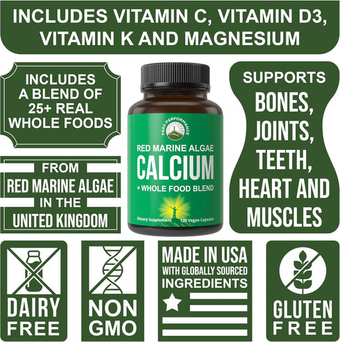 Plant Based Calcium - Red Marine Algae Calcium Supplement with Vitamin C, D3, K, Magnesium, and Whole Food Vegetable Blend. Vegan Capsules for Bon...