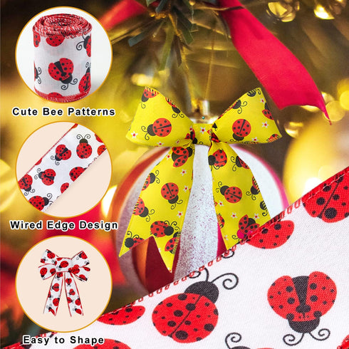 Ladybug Ribbon Wired 6 Rolls Red Ladybugs Ribbon Polka Dot Wired Edge Ribbon 2.5 Inch 40 Yards Spring Summer Wired Ribbon DIY Craft Ribbon for Wra...