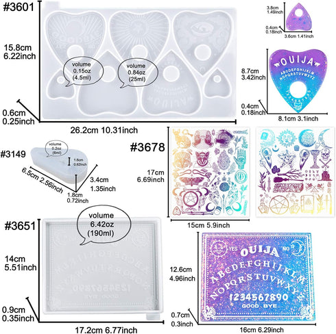 Spirit Board Planchette Epoxy Resin Silicone Molds Raven Skull Pendant, Holographic Transparent Films, Gothic Jewelry Casting Supplies 5-Count...