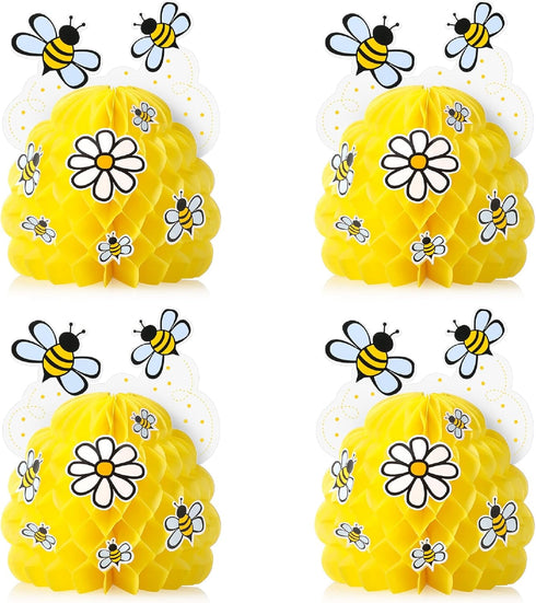 4 Pieces Honey Bee Centerpieces Honeycomb Decorations Yellow Bee Honeycomb Table Centerpieces with Sunflower Stickers for Bee Day Gender Reveal Bi...