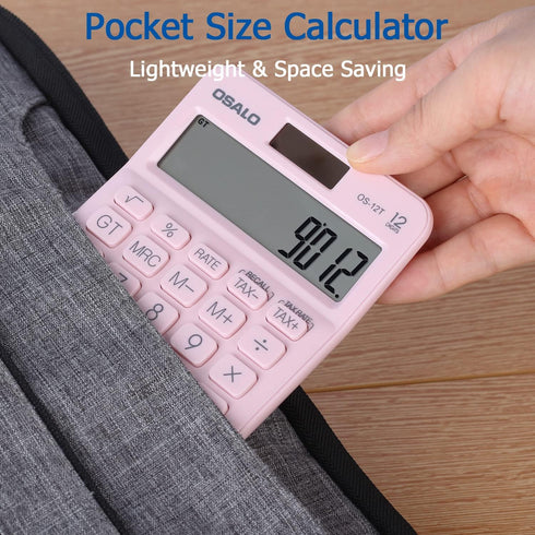 Pocket Small Size Desk Calculator, 12 Digit Large LCD Display, Basic Tax Function Handheld Desktop Calculator with Solar Battery Dual Power, Perfe...