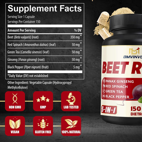 Beet Root, Green Tea, Red Spinach, Ginseng, Black Pepper - 150 Capsules - Supports Digestive, Immune System, Energy Levels - 5 Month Supply...