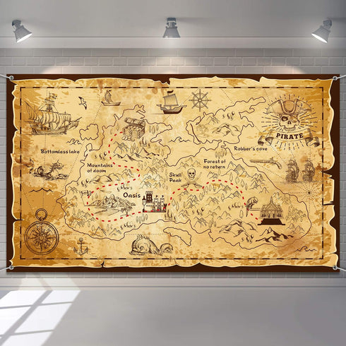 Blulu Pirate Party Decorations Halloween Treasure Map Pirate Theme Backdrop Background Jewelry Map Banner Photography for Halloween Party Supplies...