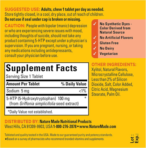 Nature Made Chewable 5HTP 100mg, 5-HTP Mood Support Supplement, 30 5 HTP Chewable Tablets, 30 Day Supply...