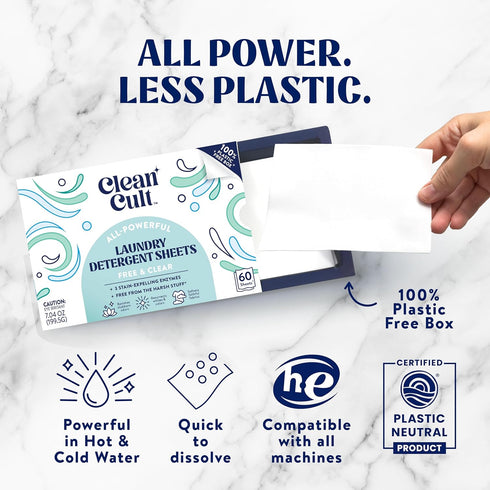 Cleancult Laundry Detergent Sheets - 3 Stain Fighting Enzymes - Concentrated Liquidless Laundry Detergent Sheets - Fragrance Free - 60 Loads - Fre...