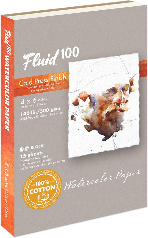 Fluid 100 Watercolor Paper Block, 4 x 6 inches, 15 Sheets, 140 lb (300 GSM) 100% Cotton Cold Press Pad for Artist Painting and Wet Media...
