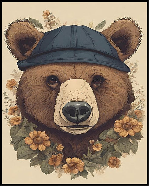 Posterizer 1 pcs- Brown bear with a hat and flowers-Art for Animal Lovers-Floral Botanical Art- Gift for Men Women Entrepreneur Teens-Decor for Ho...
