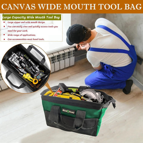 12 Inch Tool Bag for Men,Multi-Pockets Wide Mouth Tool Tote,Tool Bags with Waterproof Soft Bottom,Heavy Duty Tool Bag Organizer Specially Designed...