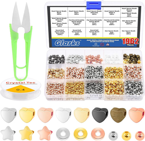 Glarks 1962Pcs Assorted Spacer Beads Set, 5 Styles Heart Beads Star Beads Ball Beads Flat Round Beads Charm Loose Beads Kit with Scissors and Elas...