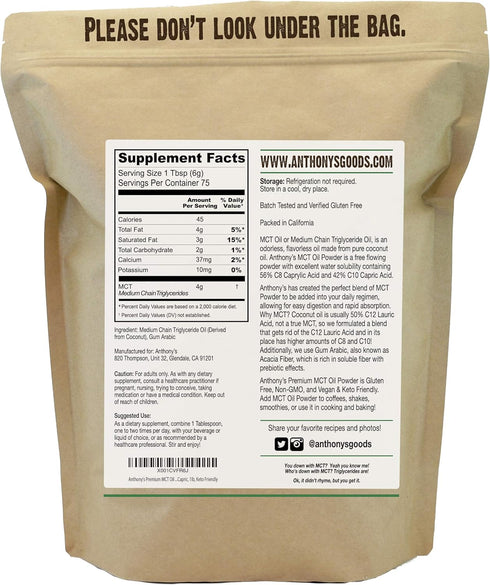 Anthony's Premium MCT Oil Powder 56% C8 Caprylic, 42% C10 Capric, 1 lb, Gluten Free, Non GMO, Keto Friendly...