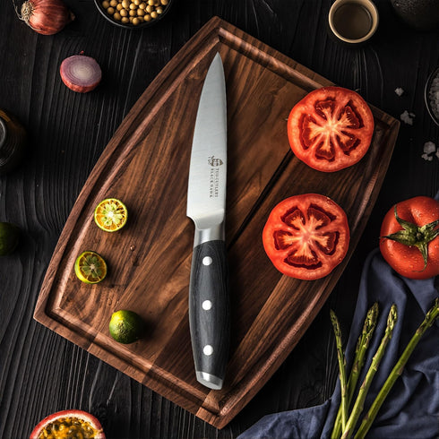TUO Utility Knife - 5 inch Kitchen Chefs knife - Meat, Fruit, Vegetable Knife Paring Knife - German HC Steel - Full Tang Pakkawood Handle - BLACK ...
