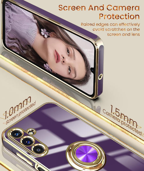 Dretal for Samsung Galaxy A15 5G Case, Screen Protector, 360° Rotatable Ring Holder Magnetic Kickstand,Plated Gold Edge Slim Soft TPU Protective P...
