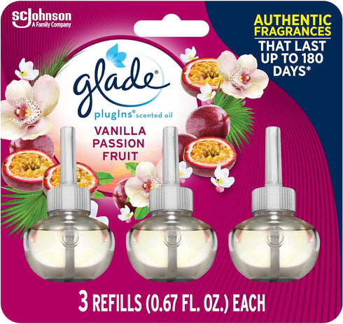 Glade PlugIns Refills Air Freshener, Scented and Essential Oils for Home and Bathroom, Vanilla Passion Fruit, 2.01 Fl Oz, 3 Count...