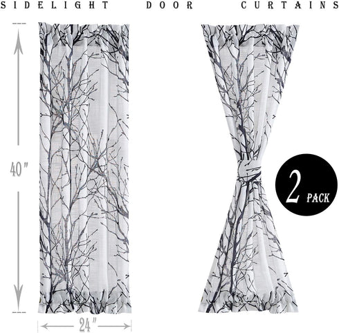 FMFUNCTEX Sheer Side Front Door Curtains 40" White Black Branch Tree Half Print Curtain for Patio Doors with Matching Tiebacks 24”w 2 Panels...