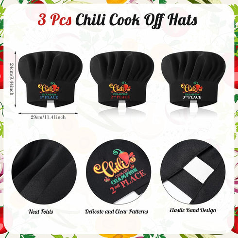 3 Pcs Chili Cook Off Chef Hats Black Chili Cook Off Champion Cooking Hats Chili Contest Adjustable Hat Chili Cook Off Prizes for Men Women 1st 2nd...