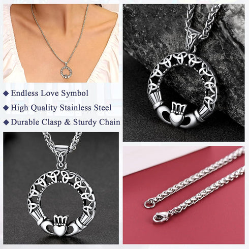 FaithHeart Irish Claddagh/Knot Pendant Necklace for Women Men Stainless Steel/18K Gold Plated Wicca Pentagram Talisman Jewelry Personalized Custom...