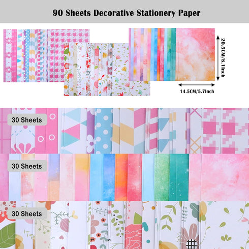 90 Sheets Decorative Stationery Paper, Craft Textured Writing Paper, Rainbow Flora Geometic Styles Scrapbook Paper, for Junk Journals, Letter Writ...
