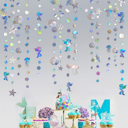 40 Ft Iridescent Mermaid Garland with Jellyfish Seashell Starfish Pearl Holographic Paper Streamer for Little Mermaid Rainbow Theme Birthday Bache...