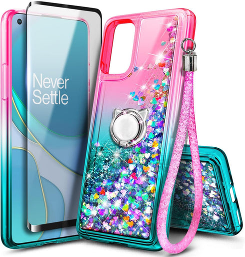 NZND OnePlus Nord N200 5G Case with Tempered Glass Screen Protector (Maximum Coverage), Ring Holder/Wrist Strap, Sparkle Glitter Flowing Liquid Wo...