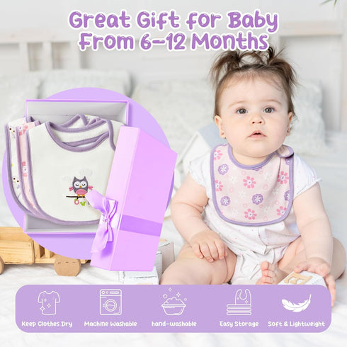 Cotton Drooling Baby Bib - 3Pcs Unisex Boy Girl Cotton Teething Infant Bibs with Adjustable Buttons Purple Owl Toddler Food Bibs Keepsake Baby Gif...