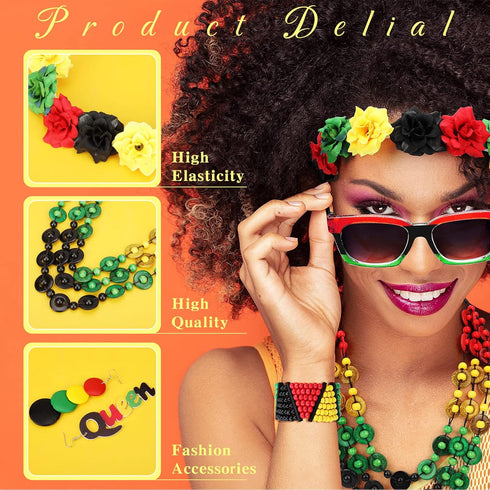 7 Pieces Jamaica African Jewelry for Women, Rasta African Beads Earrings Afro Beaded Bracelet Queen Wooden Earrings Bohemian Coconut Shell Necklac...