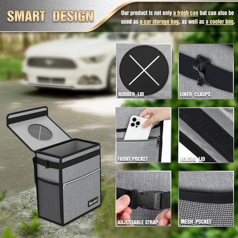 K KNODEL Car Trash Can with Lid, Leak-Proof Car Garbage Can with Storage Pockets, Waterproof Auto Garbage Bag Hanging for Headrest (Small, Gray)...