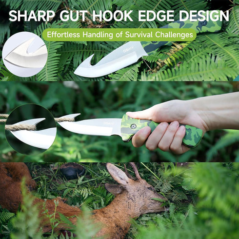 Fixed Blade Hunting Knife with Sheath,Full Tang Stainless Steel Camping Knife with Gut Hook Edge,Portable Deer Skinning Knife for Hunter,Outdoor H...