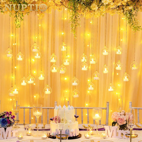NUPTIO Hanging Glass Globe with Candles: Set of 12 Tealight Candle Holders with LED Tea Lights - 2.36 inch Bulk Clear Votive Candleholders for Par...