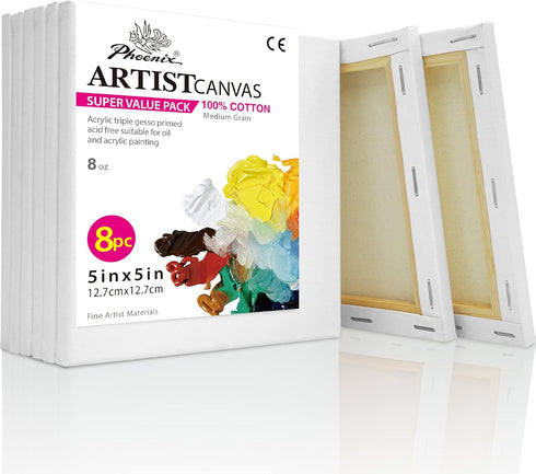 PHOENIX Small Stretched Canvas for Painting 5x5 Inch/8 Value Pack, 8 Oz Triple Primed 5/8 Inch Profile 100% Cotton White Blank Canvas, Square Fram...